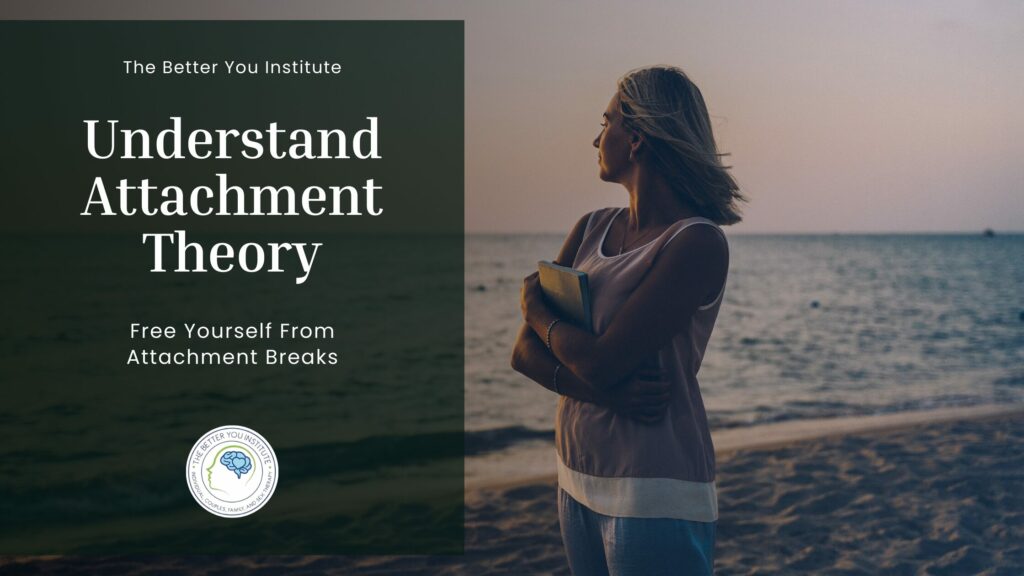 A woman on a beach at sunset holds a notebook beside a graphic titled "Understand Attachment Theory" by The Better You Institute