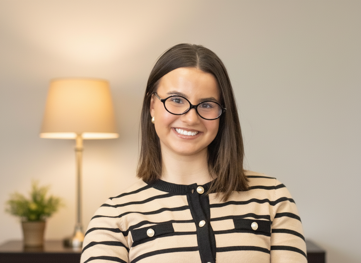 Alyssa Sherwood, MFT intern with dark brown shoulder-length straight hair (one side tucked behind her ear), black rimmed glasses, and tan and black striped buttoned sweater. A lamp with warm light, a house plant, and brown side table in the background.