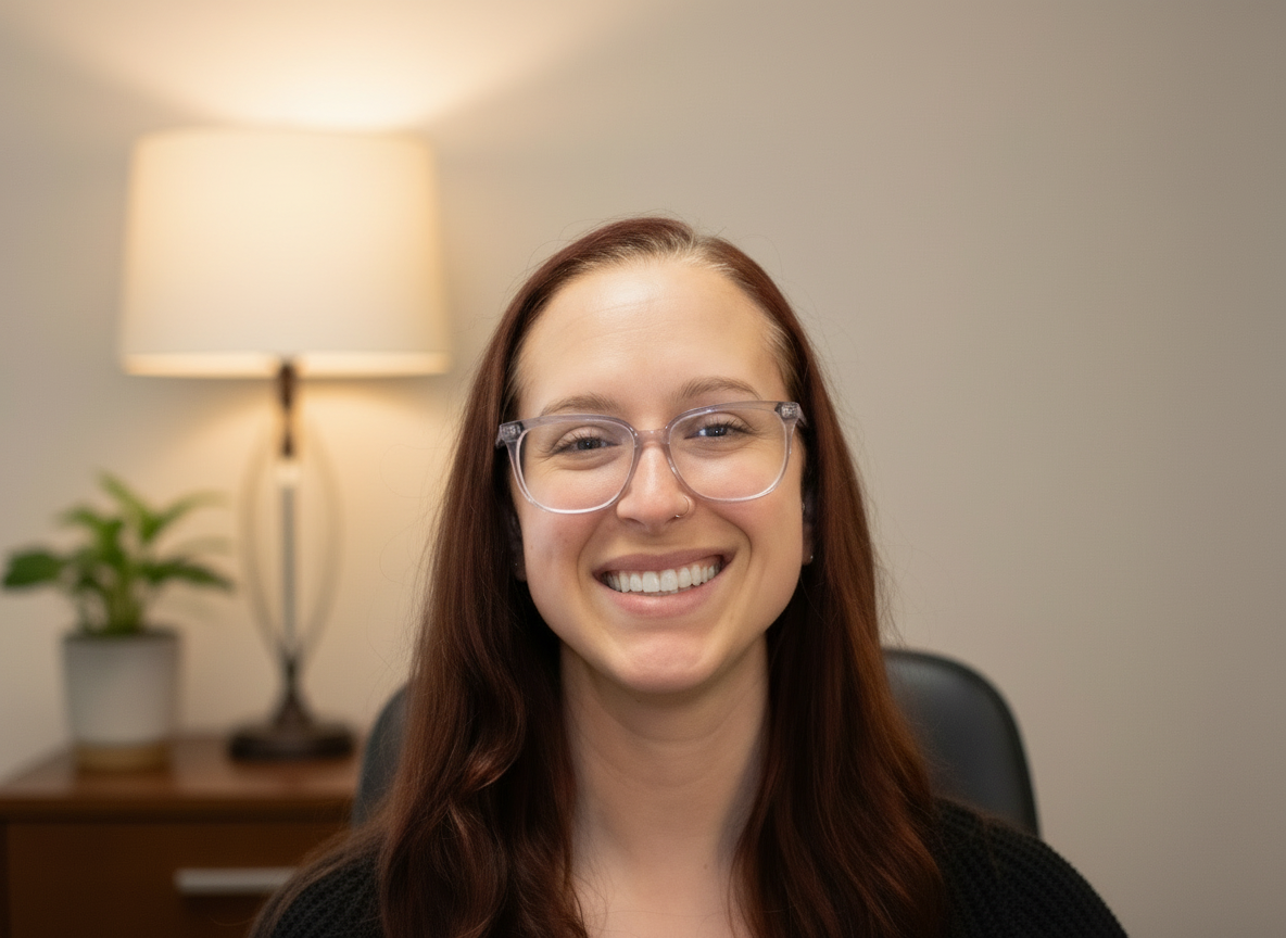 White female therapist with brownish-reddish hair and glasses, smiling and showing teeth. A lamp with warm light, a house plant, and brown side table in the background.