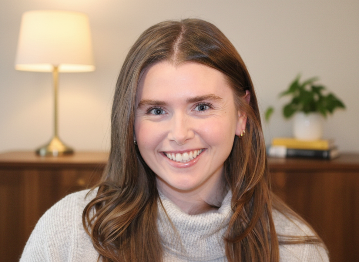 Claire Savage, white female therapist with brownish-reddish hair and blue eyes, smiling and showing teeth with earrings. A lamp with warm light, a house plant, and 2 books on a brown credenza in the background.
