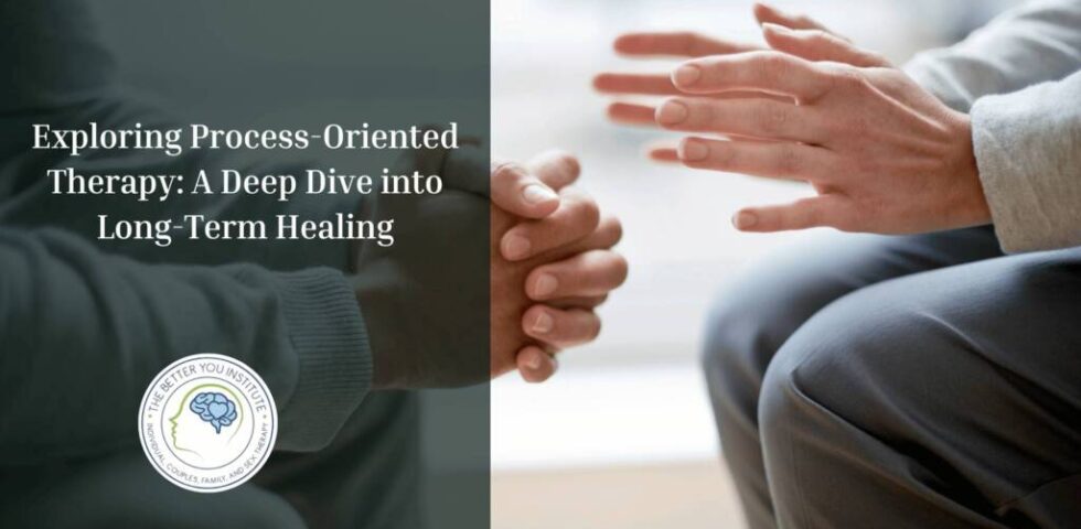 Close-up of therapist and client’s hands during session with text about process-oriented therapy