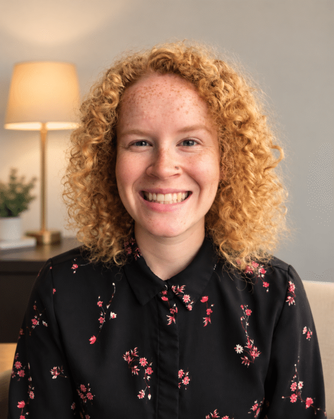 Keeghan McLane, LPC, smiling licensed professional counselor with curly red hair, wearing a black floral blouse, photographed in a warmly lit therapy office.