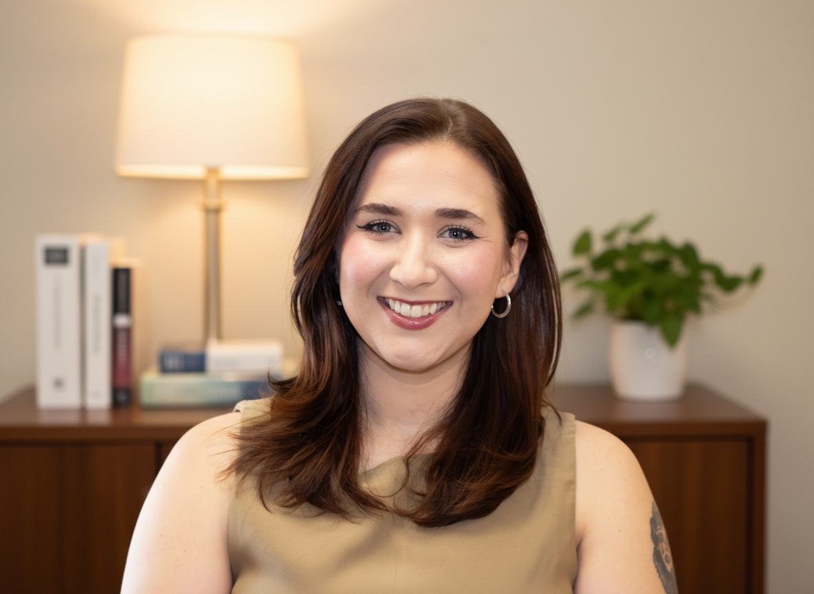 Chandler Donny, Professional Counselor, brown-haired professional counselor with gold hoop earrings, smiling with teeth showing, hair tucked behind one ear. A brown credenza with a house plant, warm light lamp, and some books.