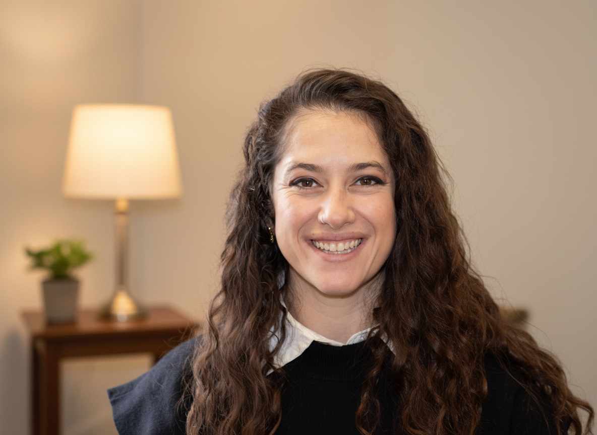 Hannah Goldstein, Psy.D., with long brown curly hair, smiling with teeth, wearing a black top with a white collar shirt underneath. A lamp with warm light, a house plant, and brown side table in the background.