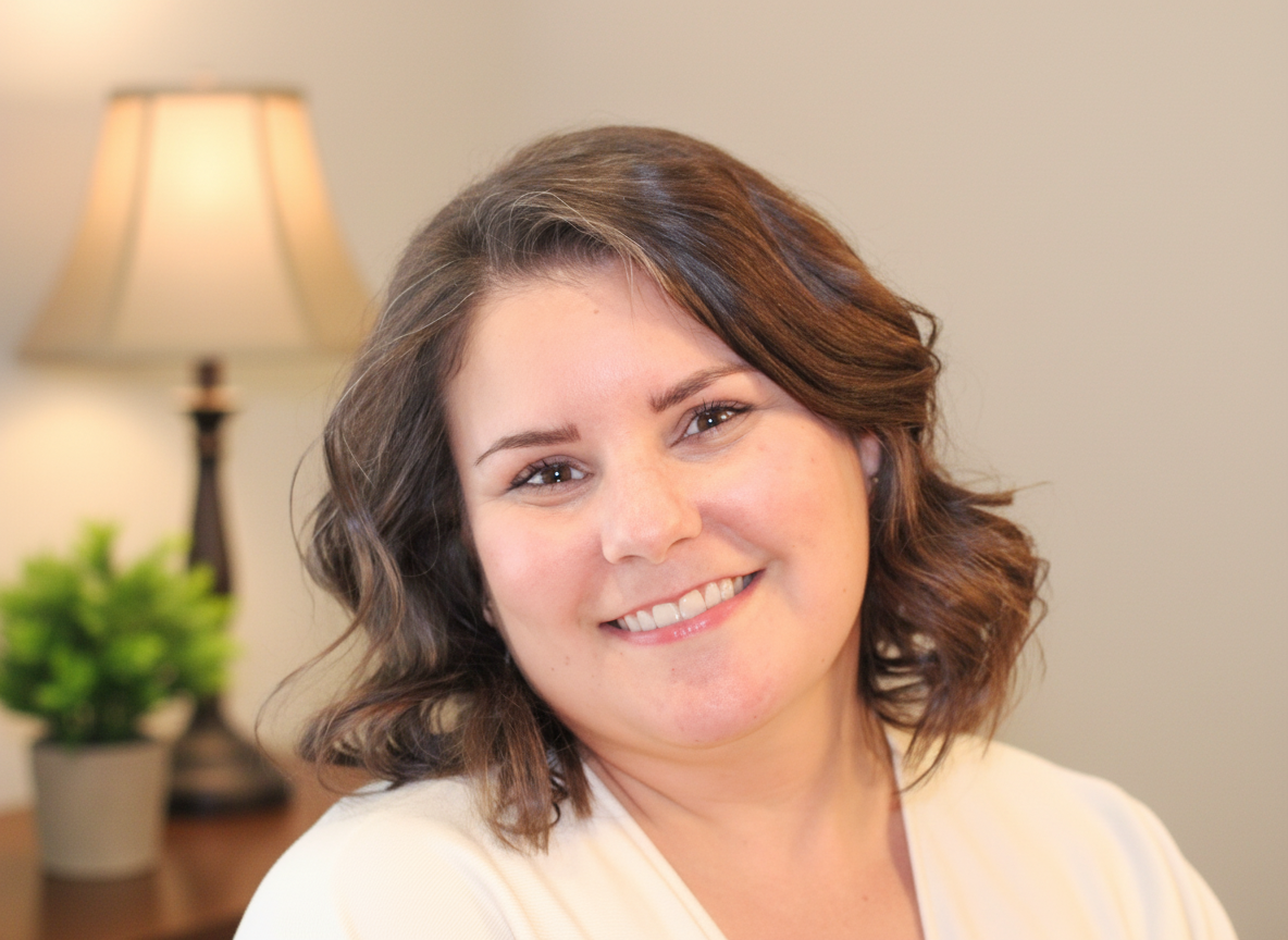 Nitasha Strait, Ph.D., M.Ed., LMFT, CST, with brown shoulder-length wavy hair and brown eyes, looking directly at the camera warmly smiling showing teeth with her head tilt to the left. A lamp with warm light, a house plant, and brown side table in the background.