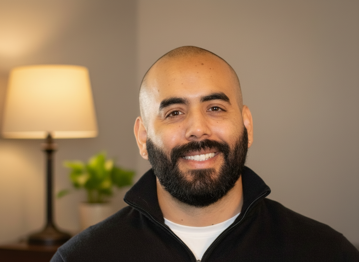 Grant Morales, Latino male couples and family therapist, bald with dark beard, pierced ears, brown eyes, smiling. Warm light table lamp and house plant in the background
