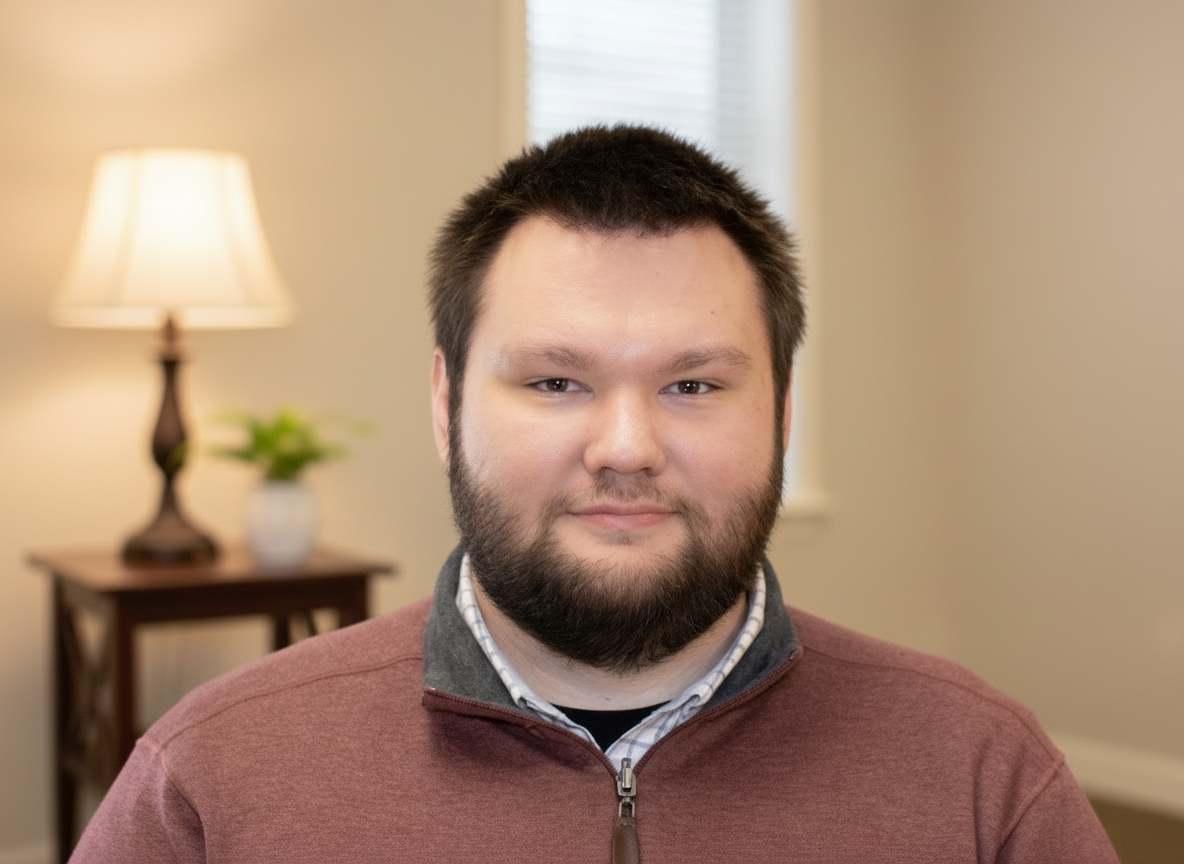 Logan Bland, professional counselor intern with brown buzz cut, beard, and brown eyes, smiling with mouth closed. A lamp with warm light, a house plant, and brown side table and window in the background.