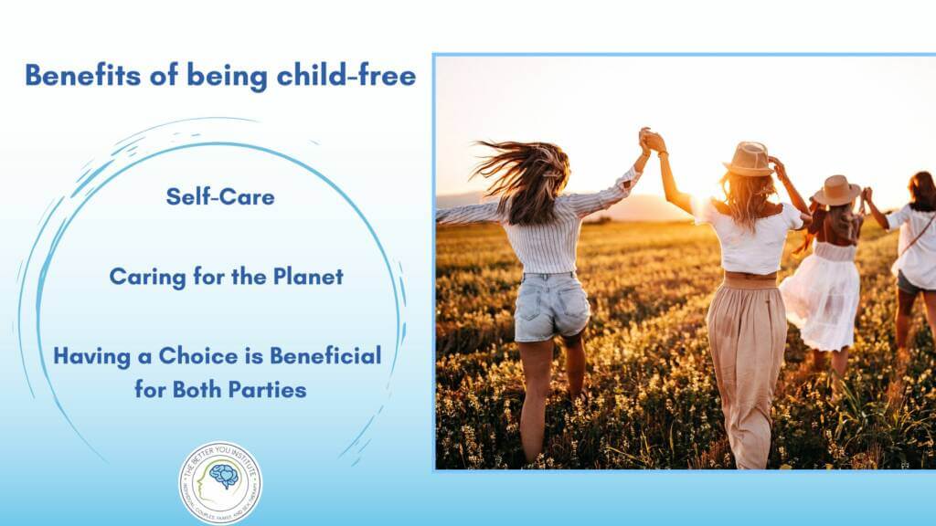 The benefits of being child-free include more financial freedom, personal time for hobbies and travel, reduced stress, and the ability to focus on personal and professional growth.