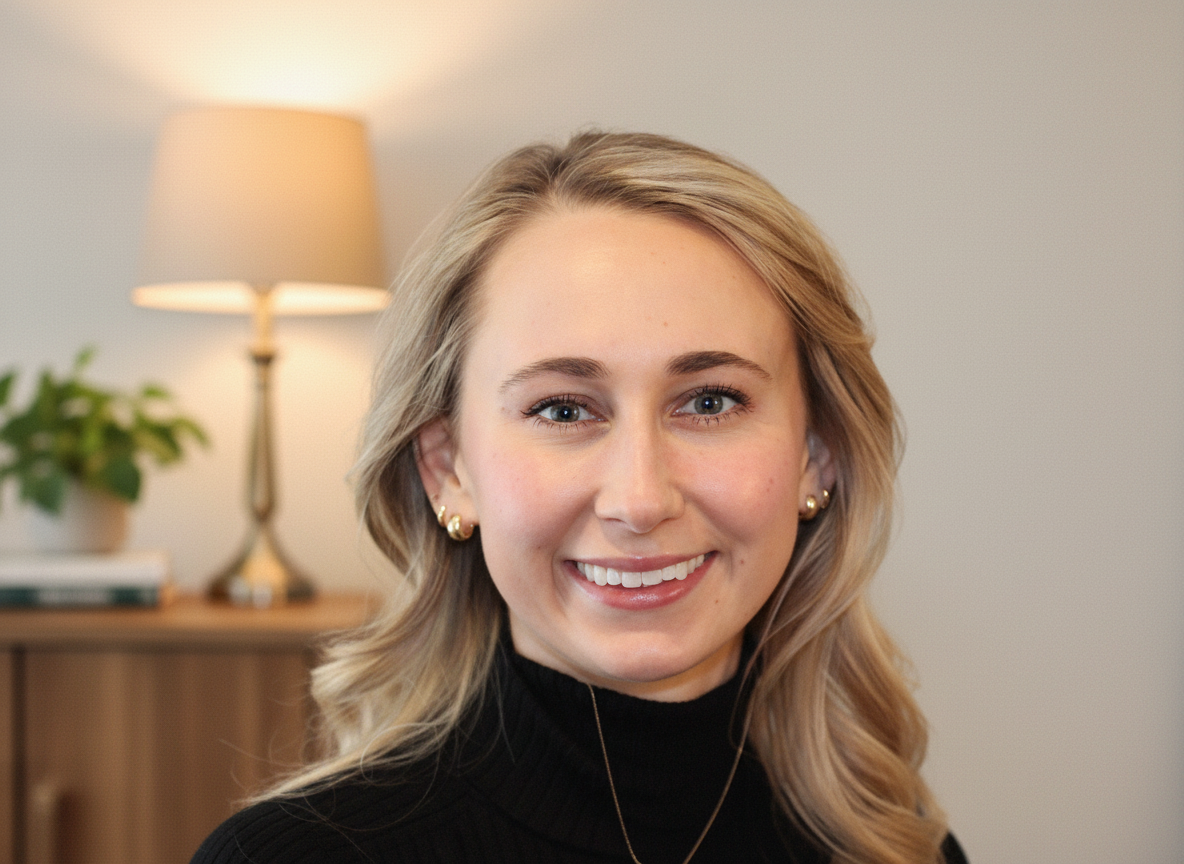 Hannah Bushner, blonde female couple and family therapist, smiling and showing teeth while wearing gold small hoop earrings. A lamp with warm light, a house plant, and brown side table in the background.