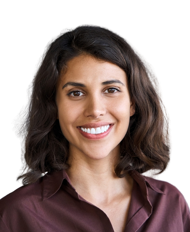 Smiling woman with dark wavy hair wearing a maroon blouse