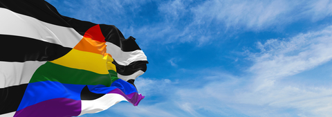 A rainbow pride flag with black and white stripes waves against a bright blue sky, symbolizing LGBTQ+ pride and inclusion