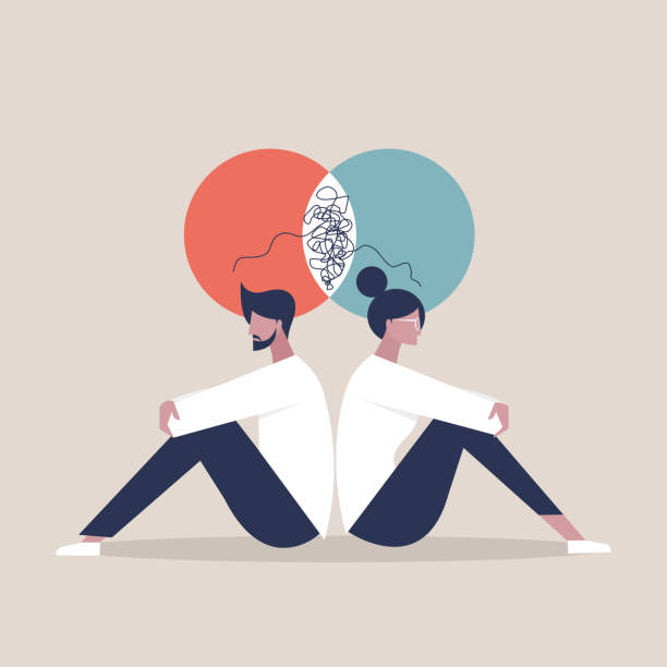 An illustration of a couple sitting back-to-back with tangled thought bubbles, symbolizing relationship challenges and couples therapy
