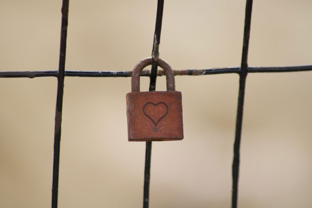 A rusty padlock with a heart symbol hangs on a wire fence, symbolizing emotional barriers