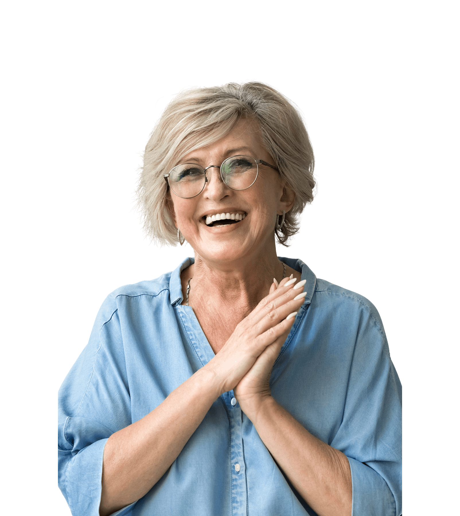 Smiling older woman with glasses and short gray hair against yellow background